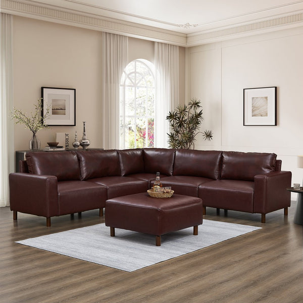 English Elm Modern Modular L-shaped Sectional in Matte Pu Leather with Ottoman Six Piece Burgundy W1097S00265