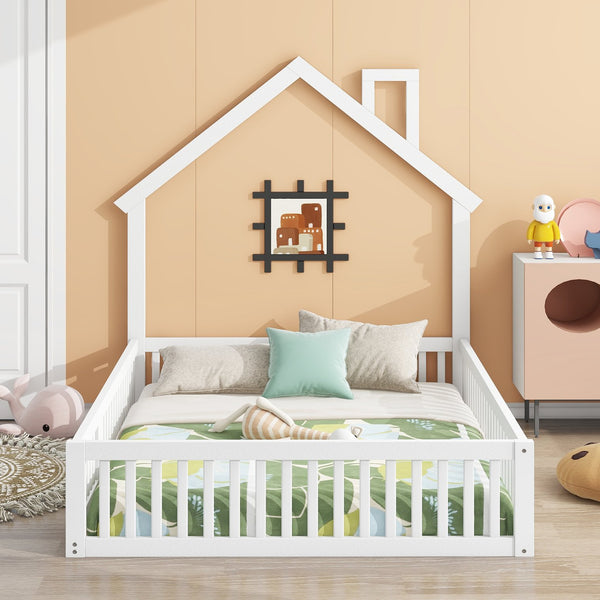 English Elm Wood House Platform Bed Full Size with Guardrail & Playful Frame, Sturdy Pine, Kid-Safe Design White N709P171852K