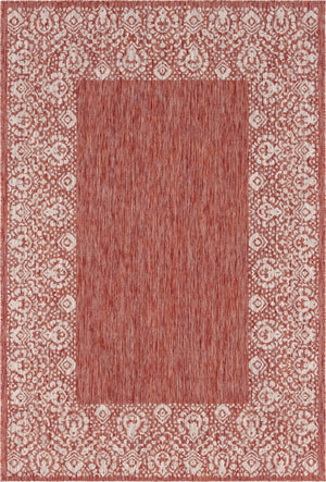 Unique Loom Outdoor Border Floral Border Machine Made Floral Rug Rust Red, Ivory 6' 1" x 9' 0"