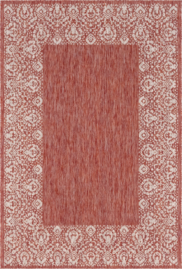 Unique Loom Outdoor Border Floral Border Machine Made Floral Rug Rust Red, Ivory 6' 1" x 9' 0"