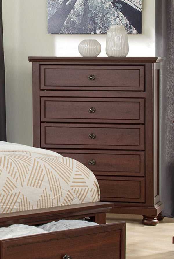 English Elm Contemporary Five Drawer Tall Chest Two Tone Veneer Bun Feet Bedroom Storage B2741P457650