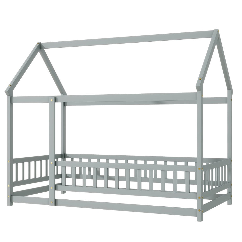 English Elm Twin Floor Wooden House Bed With Roof Frame & Guardrails - Cozy Grey Design For Kids' Rooms W504P286402-GIGA