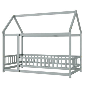 English Elm Twin Floor Wooden House Bed With Roof Frame & Guardrails - Cozy Grey Design For Kids' Rooms W504P286402-GIGA