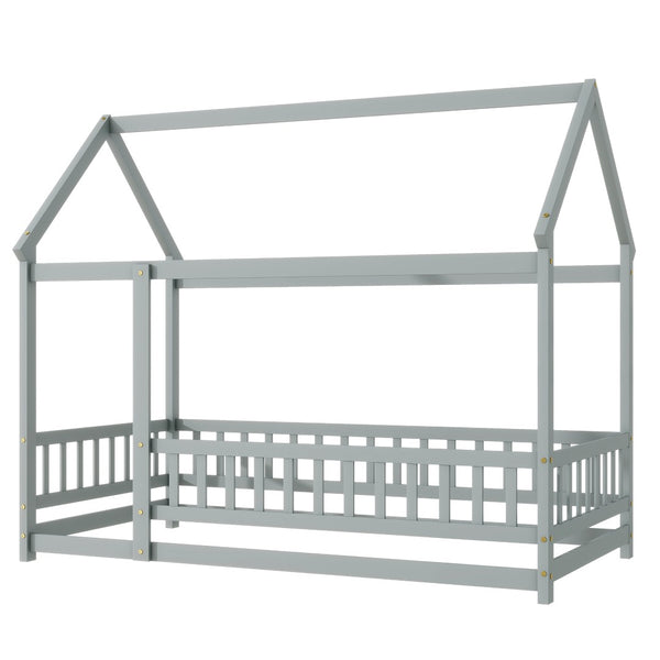 English Elm Twin Floor Wooden House Bed With Roof Frame & Guardrails - Cozy Grey Design For Kids' Rooms W504P286402-GIGA