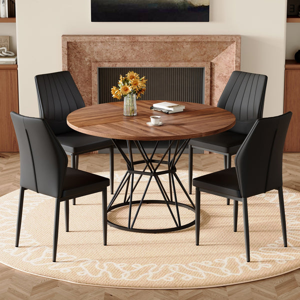 English Elm Table and Chair Set Walnut Round Dining with Hourglass Base Four Fabric Seats Walnut+Black W1151S04855