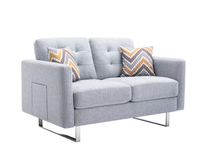 English Elm Vittoria Tufted Linen Loveseat with Silver Legs Side Pockets and Coil Spring Cushions B2749P413356