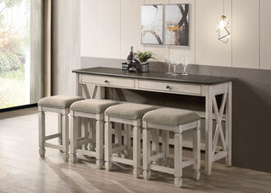 English Elm Console Antique White Console Table with 4 Stools, Solid Wood & MDF, 2 Drawers, Space-Saving Seating B2699P206766