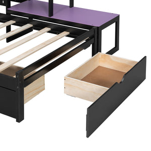 English Elm Twin Gaming Daybed with Led Strips Desk Pegboard Bookcase and Three Storage Drawers Purple+Black N820S00083I