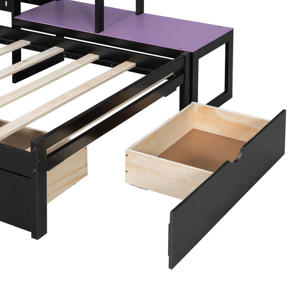 English Elm Twin Gaming Daybed with Led Strips Desk Pegboard Bookcase and Three Storage Drawers Purple+Black N820S00083I