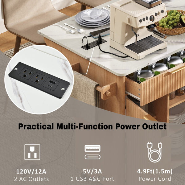 English Elm K&k Fluted Rolling Kitchen Island Faux Marble Top Power Outlet Drop Leaf Storage Natural N707S000019Y