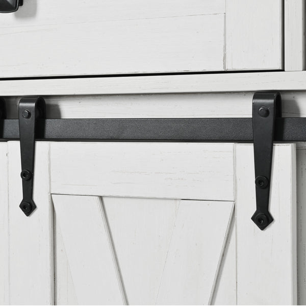 English Elm K&K 58" Farmhouse Kitchen Island with Sliding Barn Door, Drop Leaf, Glass Rack, Locking Wheels, Power White N707P349811W