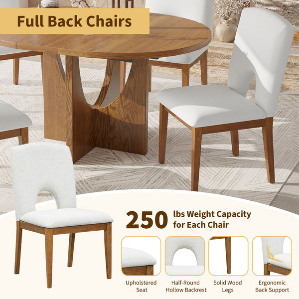 English Elm Topmax Extendable Round Dining Set with Linen Chairs and Pedestal Base Seats Five Walnut N717S000062D
