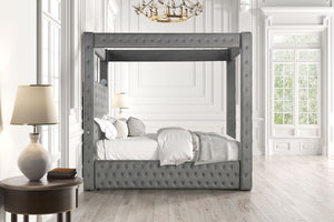 English Elm 1pc Gray Flannelette Four Poster Bed Tufted Upholstered Frame with Usb and Bluetooth B2741S00936