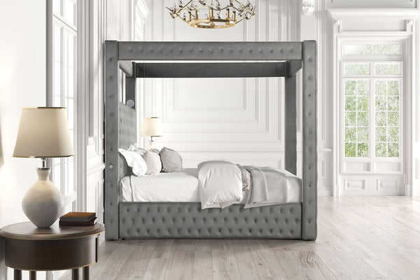 English Elm 1pc Gray Flannelette Four Poster Bed Tufted Upholstered Frame with Usb and Bluetooth B2741S00936