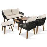 English Elm K&K 6-Piece Rope Patio Furniture Set, Outdoor Furniture With Acacia Wood Cool Bar Table With Ice Bucket , Deep Seat Patio Conversation Set With Two Stools For Backyard Porch Balcony (Black & Beige)