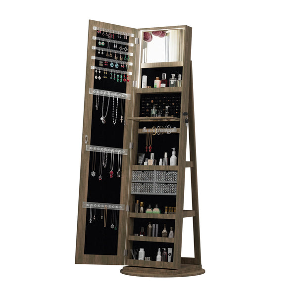 English Elm 360°swivel Jewelry Armoire with Lighted Interior Full Length Mirror Lockable White Antique Brown W3406P411300