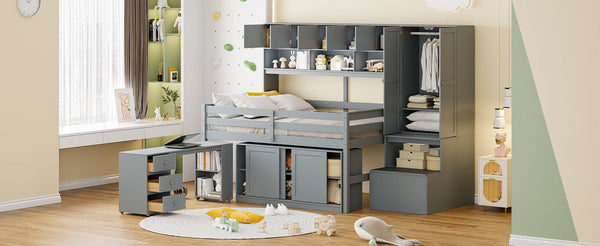 English Elm Full Size Gray Loft Bed with Rolling Desk Wardrobe Staircase and Headboard Shelving LT000852AAE