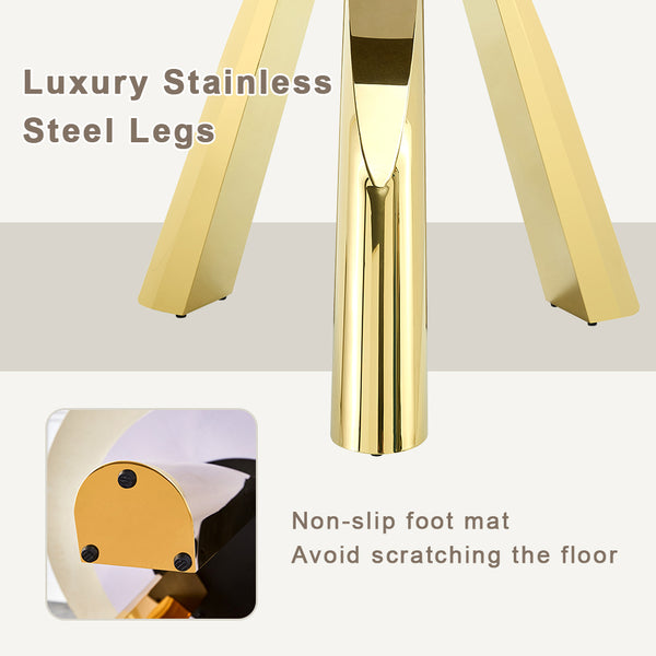 English Elm A 42-inch round dining set with stone top table and gold-plated stainless legs plus four PU chairs Gold 31 L x 19.5 W x 17.5 H W1512S00133