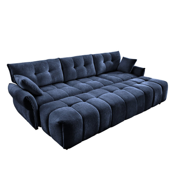 English Elm 3-Seater Sofa Set With 3 Ottomans & Pillows - Elegant Blue Chenille, Solid Wood Frame, Stylish Comfort W714S01151