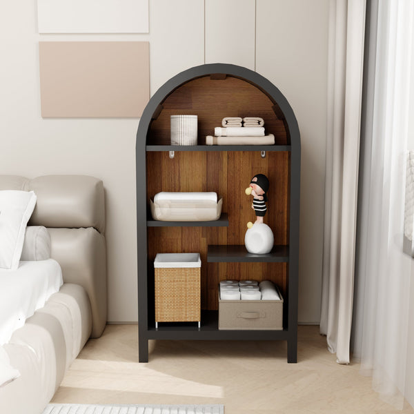 English Elm 4-tier Arched Freestanding Bookcase with Lattice Doors Open Display and Cabinet Storage W3123P485378