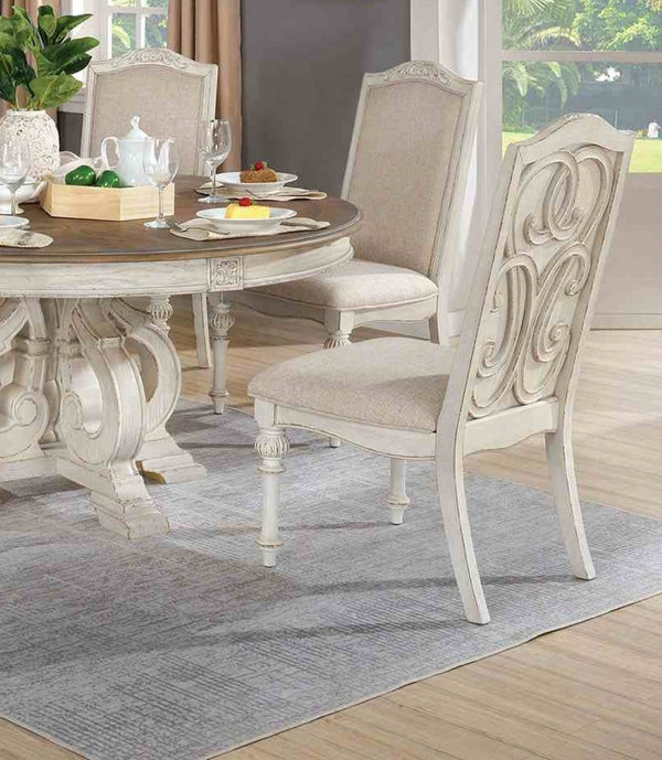 English Elm Rustic 2Pc Side Chair Set With Upholstered Seat & Intricate Wood Inlay - Antique White Finish Charm B2741P408868-GIGA