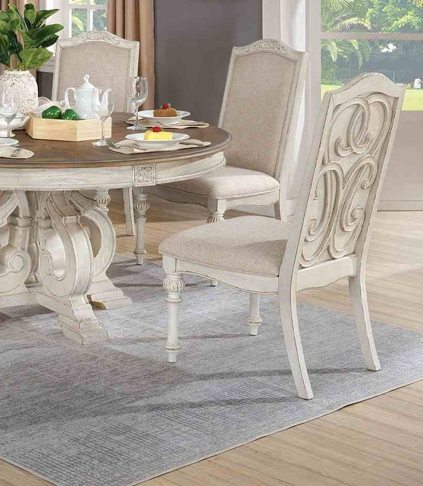 English Elm Elegant Round Pedestal Dining Set Carved Wood Table with Four Upholstered Side Chairs Antique White,Ivory B2741S00889