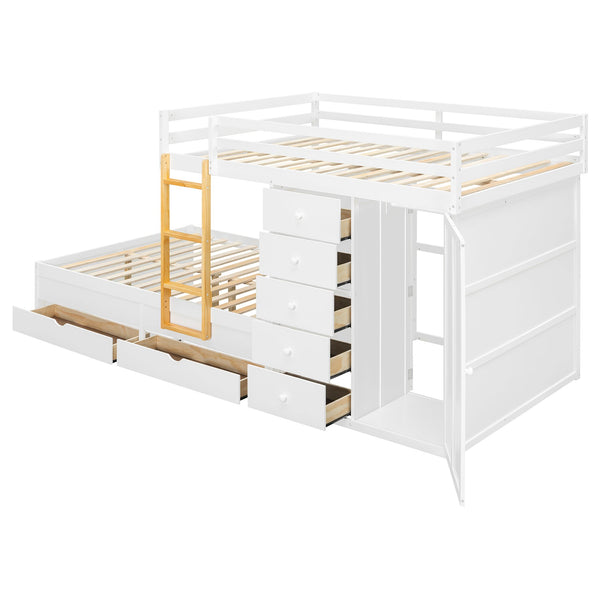 English Elm Full Size Bunk Bed with Integrated Drawers Wardrobe Mdf Solid Wood Kids Storage White LT000463AAK