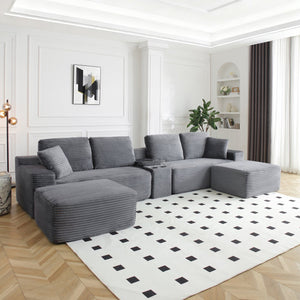 English Elm 125'' Modular L-shape Sectional Corduroy Cloud Couch with Storage and Usb Charging Grey W1117S00419