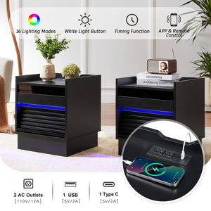 English Elm Christopher Knight Home® - Mid Mid Century Modern Nightstand with USB Charging Station, LED App-Control Lights, 2 Drawers, Sleek Design Black 22.24 L x 18.7 W x 7.09 H N761P255453B