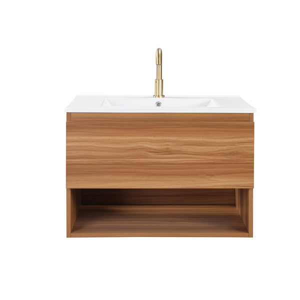 English Elm 24 Inch Floating Bathroom Vanity Fluted Walnut Cabinet with Ceramic Sink Modern W3520S00041