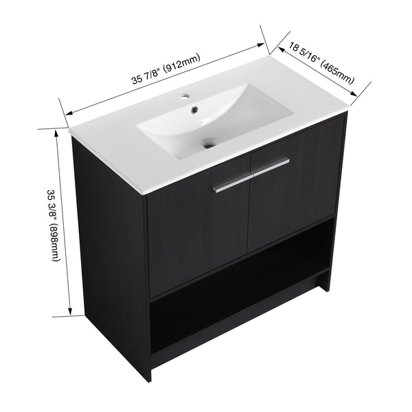 English Elm 36" Bathroom Vanity With Ceramic Sink, Soft-Close Doors, Modern Plywood Cabinet & Open Shelf Storage W1972S00020