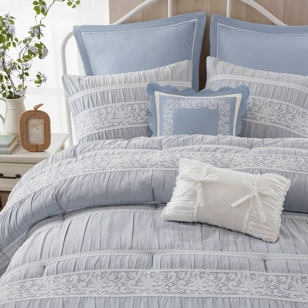 English Elm 7-piece King Jacquard Comforter Set Lace Detail Chambray Cottage Bedroom Ensemble Blue B035P482887