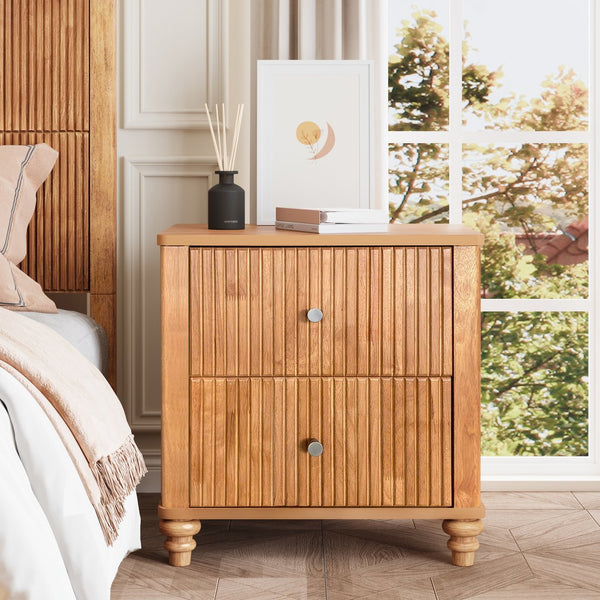 English Elm Fluted Oak Nightstand with 3 Drawers Mid Century Modern Bedside Table Natural Finish W1716P409479