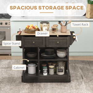 English Elm HOMCOM Butcher Block Kitchen Island on Wheels with 3 Cabinets, Drawers, Towel & Spice Rack, Brown W2225P217420