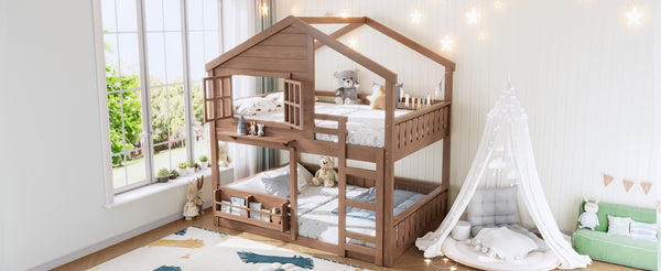 English Elm Full Bunk Bed with Trundle Bookshelf Storage Pine Frame Car Design for Kids Natural W1580S00522