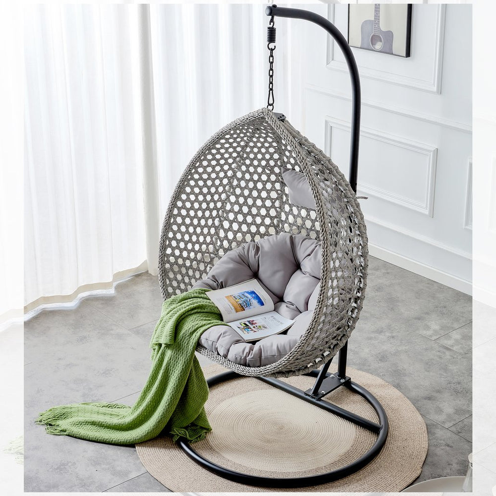English Elm 76.8-inch Hand Woven Rattan Egg Swing Chair Indoor Outdoor with Cushion Lumbar Pillow Gray W1512P498595