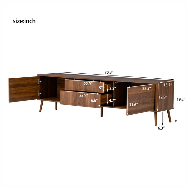English Elm 70 Inch Fluted Entertainment Center Walnut Finish Solid Wood Legs Soft Close Storage N710P372539P