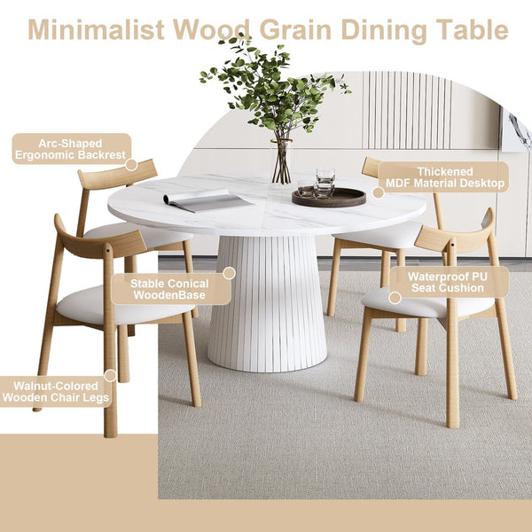 English Elm Retractable Rock Slab Dining Set with Leather Wrapped Base for Compact Apartments White W2700S00127
