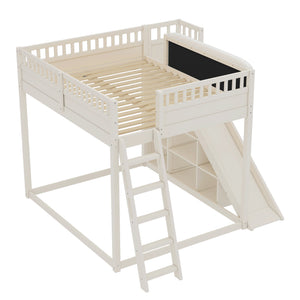 English Elm Queen Loft Bed with Upholstered Headboard Built-in Slide and Open Storage Shelves Beige W1580S00307