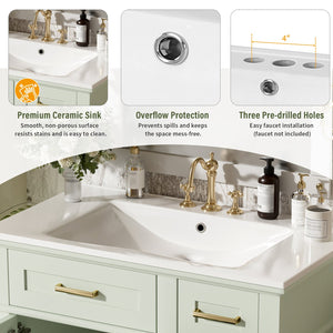 English Elm 30" Bathroom Vanity with Ceramic Sink and Deep Storage, Soft-Close Doors, Gold Handles, Durable Wood Frame Green N729P276610F
