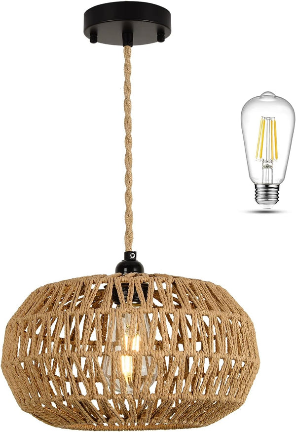 English Elm Farmhouse Led Rattan Pendant Light - Hand-Woven Boho Chandelier For Cozy Dining & Living Spaces W2738P185432
