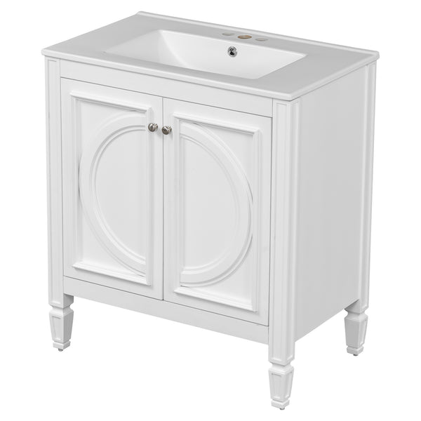 English Elm Christopher Knight Home® - 30" Bathroom Vanity with Sink Vintage Freestanding Ceramic Top Soft-Close Doors Gold Knobs, Storage White N759P226000K