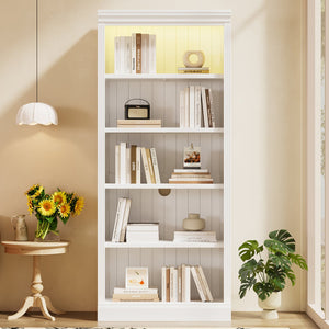 English Elm 83" 5-Tier Bookcase Suite with LED Light Strip, Adjustable Shelves, Cable Management & Solid Wood Frame White N751S246920K