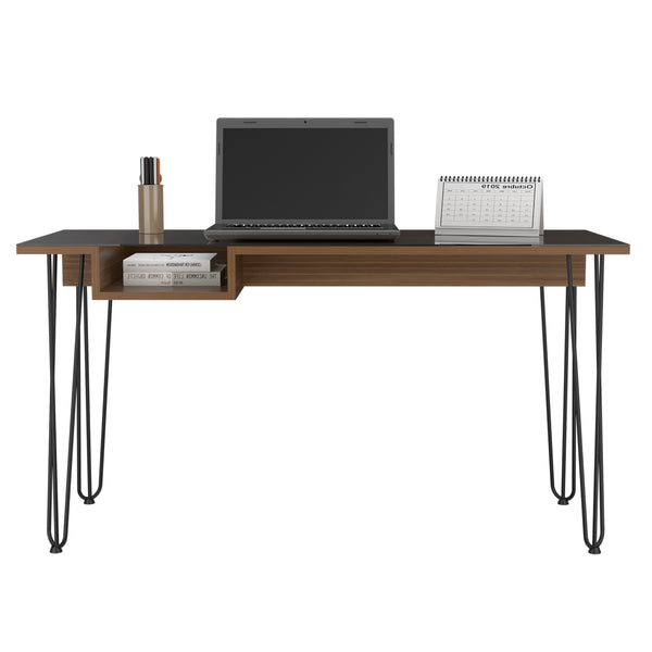 English Elm Kyoto 140 Writing Desk Brown with Glass Top & Haipin Metal Legs, Industrial Shelf Storage Solution B128S00167