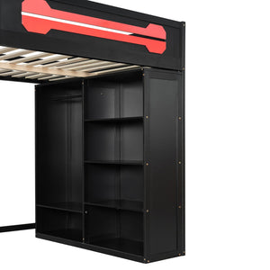 English Elm Full Size Gaming Loft Bed with Rgb Lighting Integrated Desk and Open Wardrobe N820S00073J