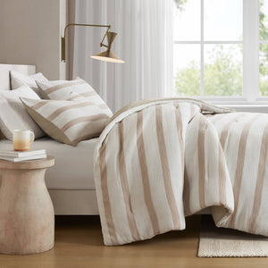 English Elm 3-piece King Yarn-dyed Woven Stripe Comforter Set with Seersucker Texture for Coastal Bedrooms Taupe B035P463217
