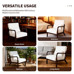 English Elm Mid Century Modern Accent Chair Solid Rubberwood Frame Lumbar Pillow Beige Living Room W2989P426360