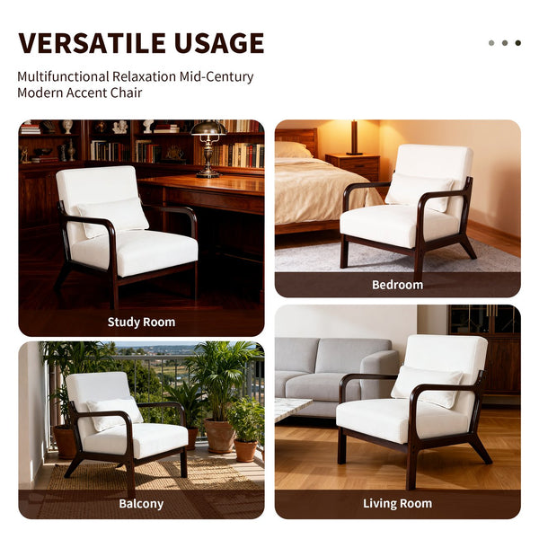 English Elm Mid Century Modern Accent Chair Solid Rubberwood Frame Lumbar Pillow Beige Living Room W2989P426360