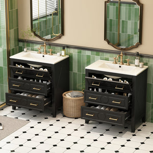 English Elm 60'' Elegant Black Bathroom Vanity Set With Ceramic Sink, 6 Drawers, Solid Wood Frame & Storage N710SS00003B