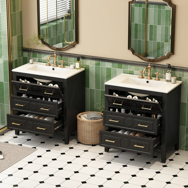 English Elm 60'' Elegant Black Bathroom Vanity Set With Ceramic Sink, 6 Drawers, Solid Wood Frame & Storage N710SS00003B